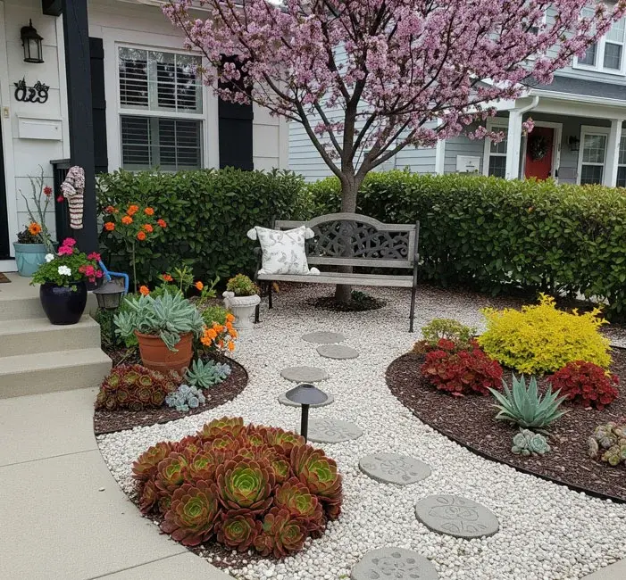 Gravel front garden with succulents, stepping stones and blossom tree